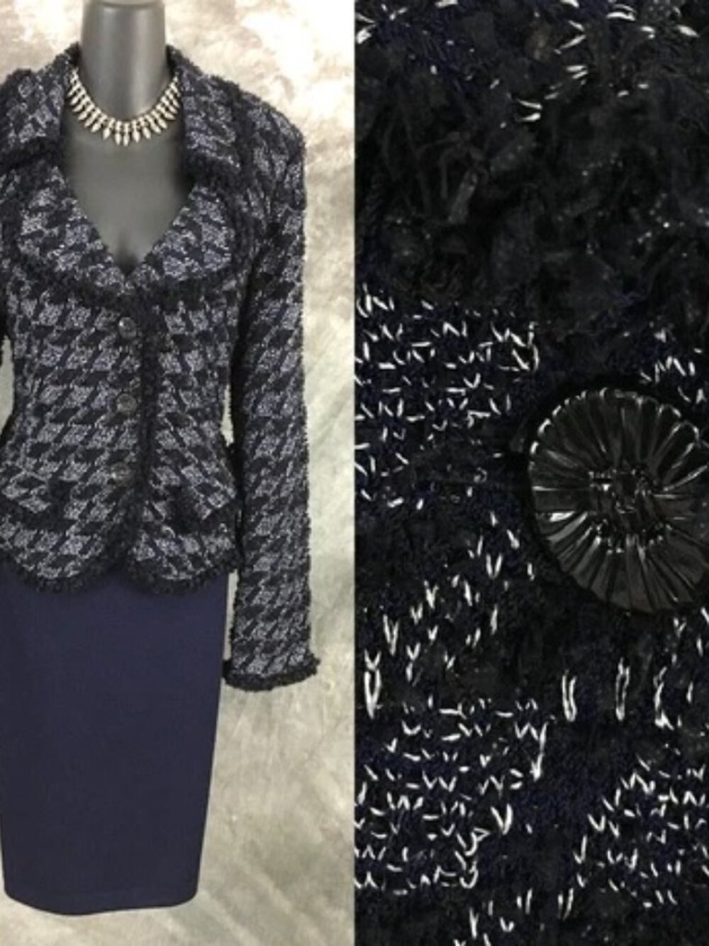 BEAUTIFUL St John knit blue black multi fringe jacket skirt suit size 10